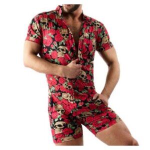 Glimms New York Mens Size Large Roses with Skulls Floral Romper Button Zip Goth